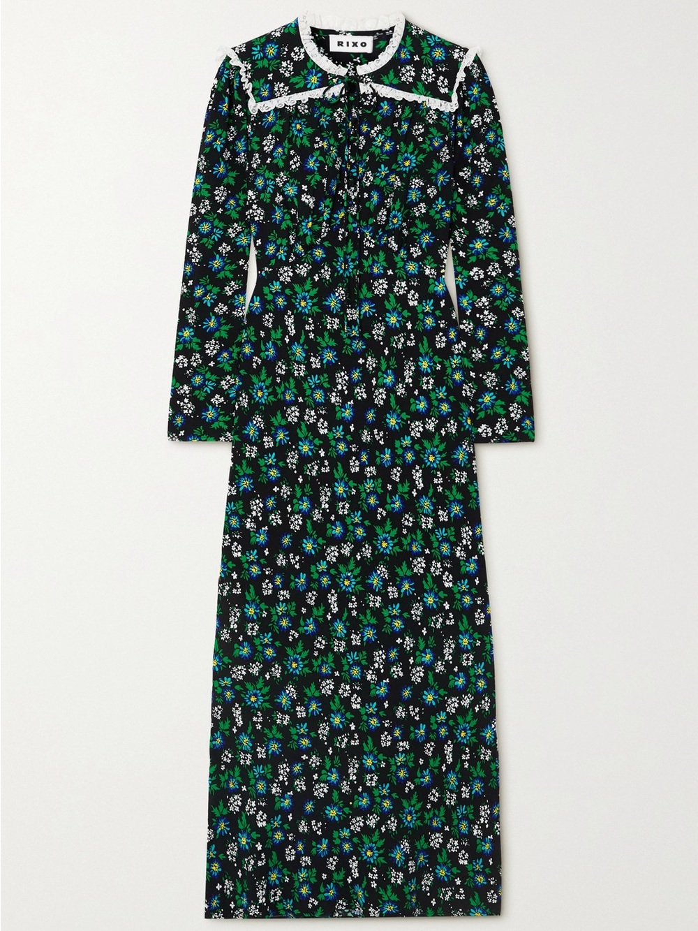 RIXO Black Floral Midi Long Sleeve Smocked
Crochet Round Neck Dress
